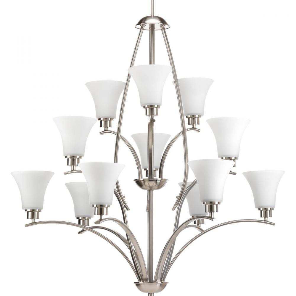 Joy Collection Twelve-Light Brushed Nickel Etched White Inside Glass Traditional Chandelier Light