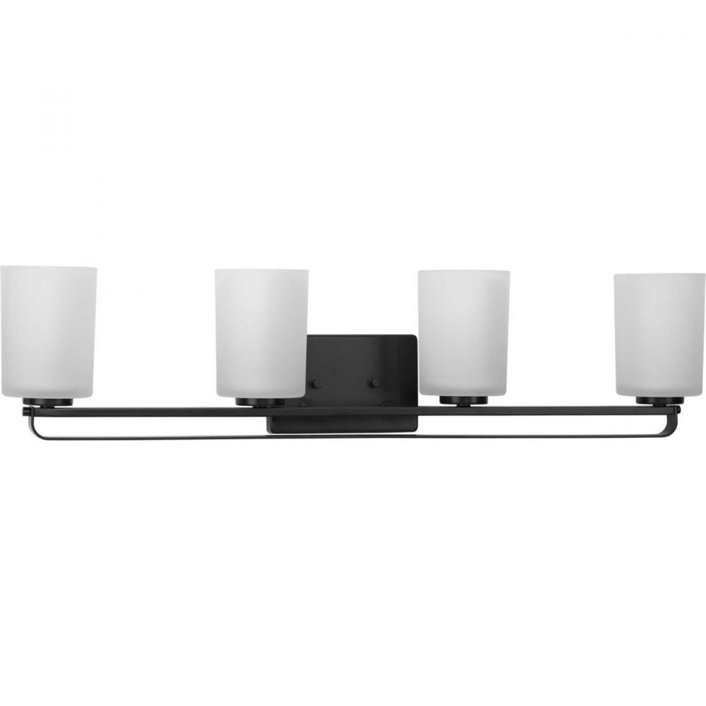 League Collection Four-Light Matte Black and Etched Glass Modern Farmhouse Bath Vanity Light