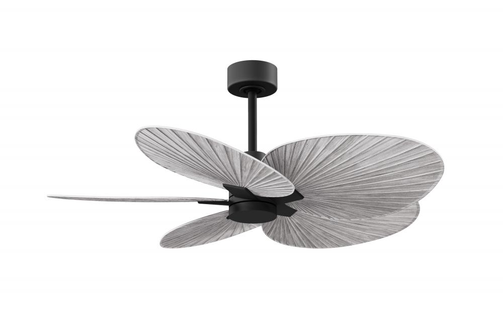 Alessandra Tropical 5-blade ceiling fan in Matte Black and Barn Wood Tone blades.