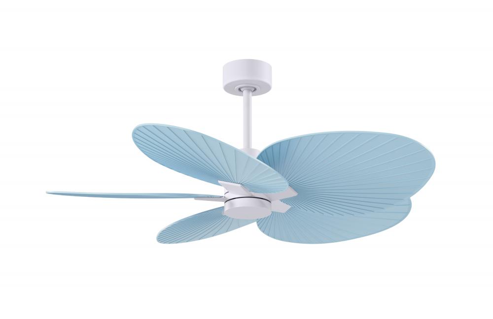 Alessandra Tropical 5-blade ceiling fan in Matte White and Light Blue blades.